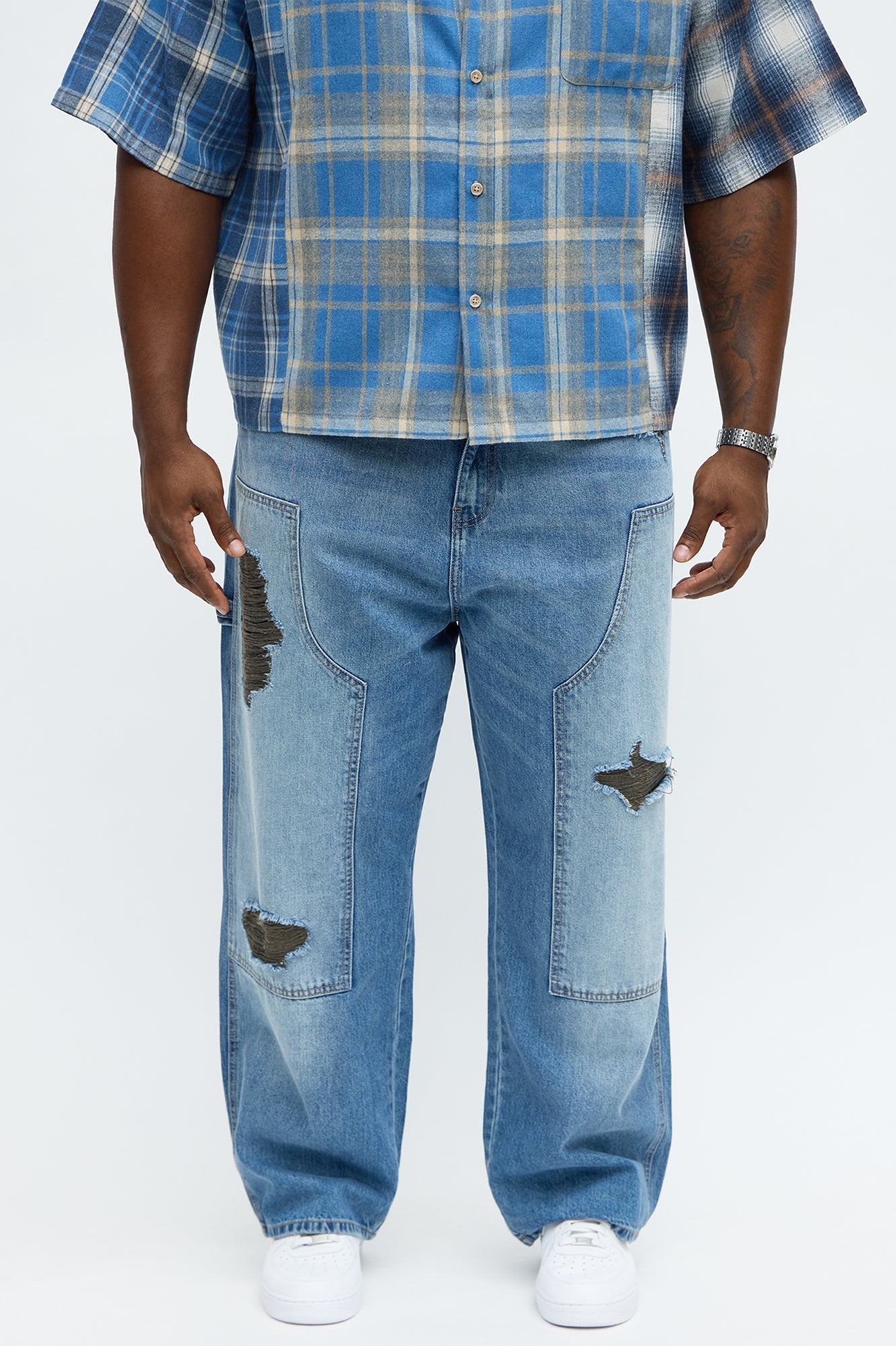 Baggy Contrast Distressed Carpenter Jeans - Medium Blue Wash