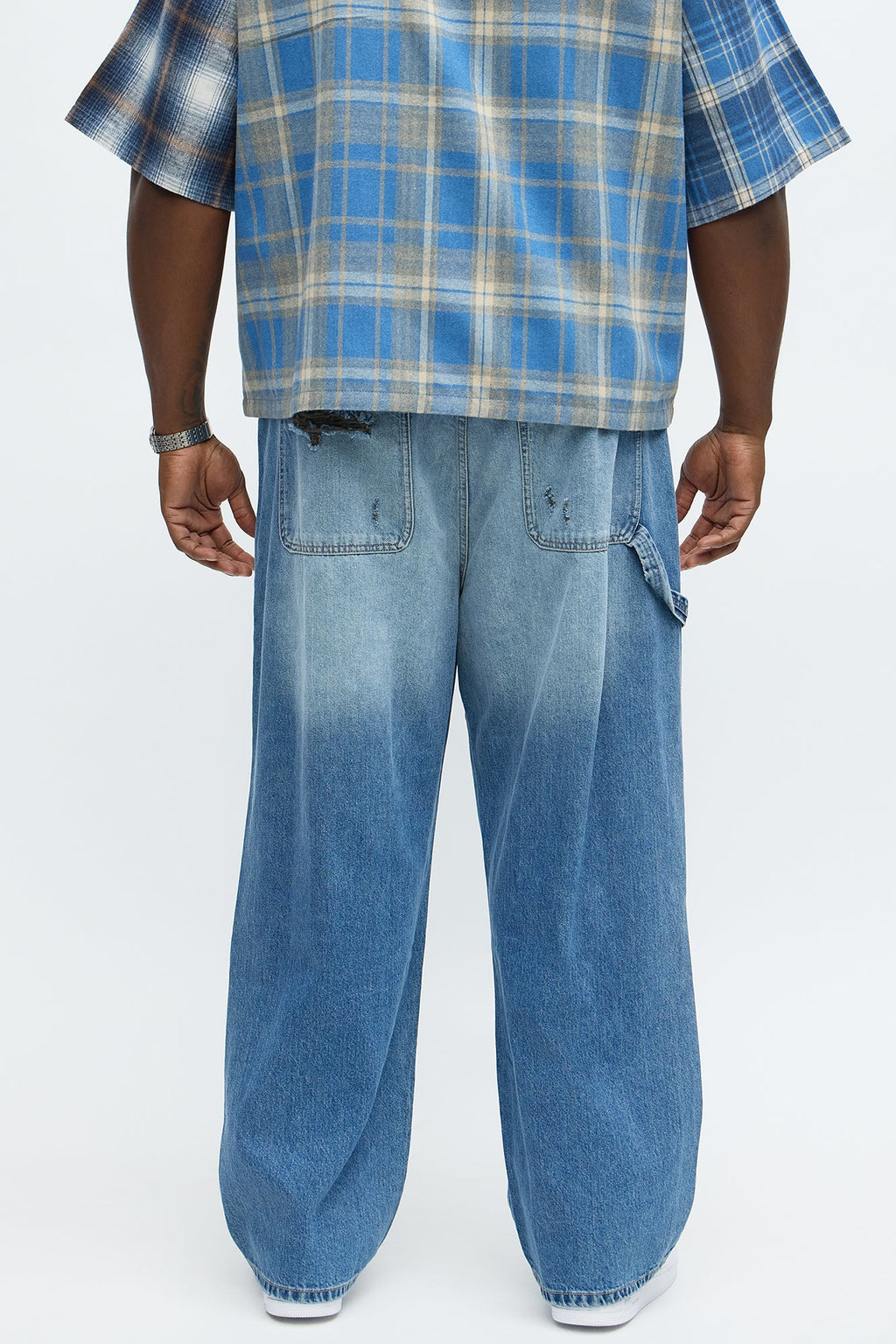 Baggy Contrast Distressed Carpenter Jeans - Medium Blue Wash