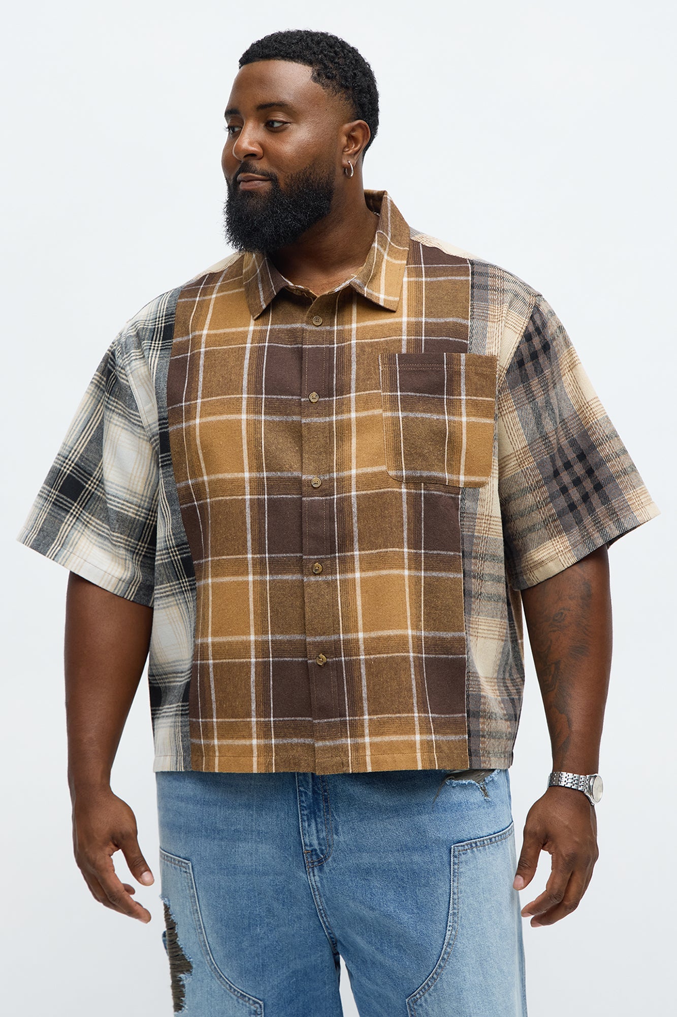 Cropped Patchwork Flannel Button Up - Brown Combo