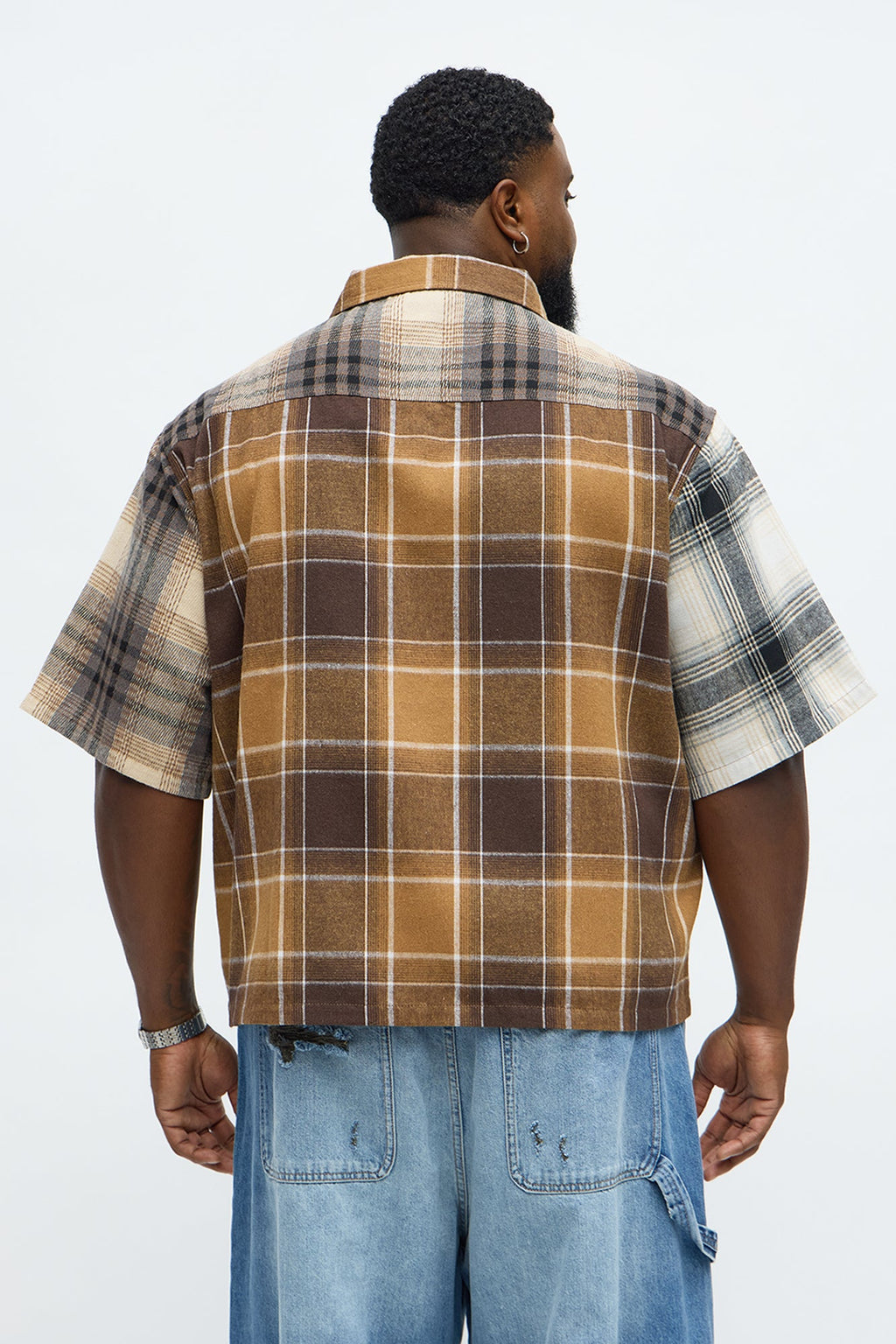 Cropped Patchwork Flannel Button Up - Brown Combo