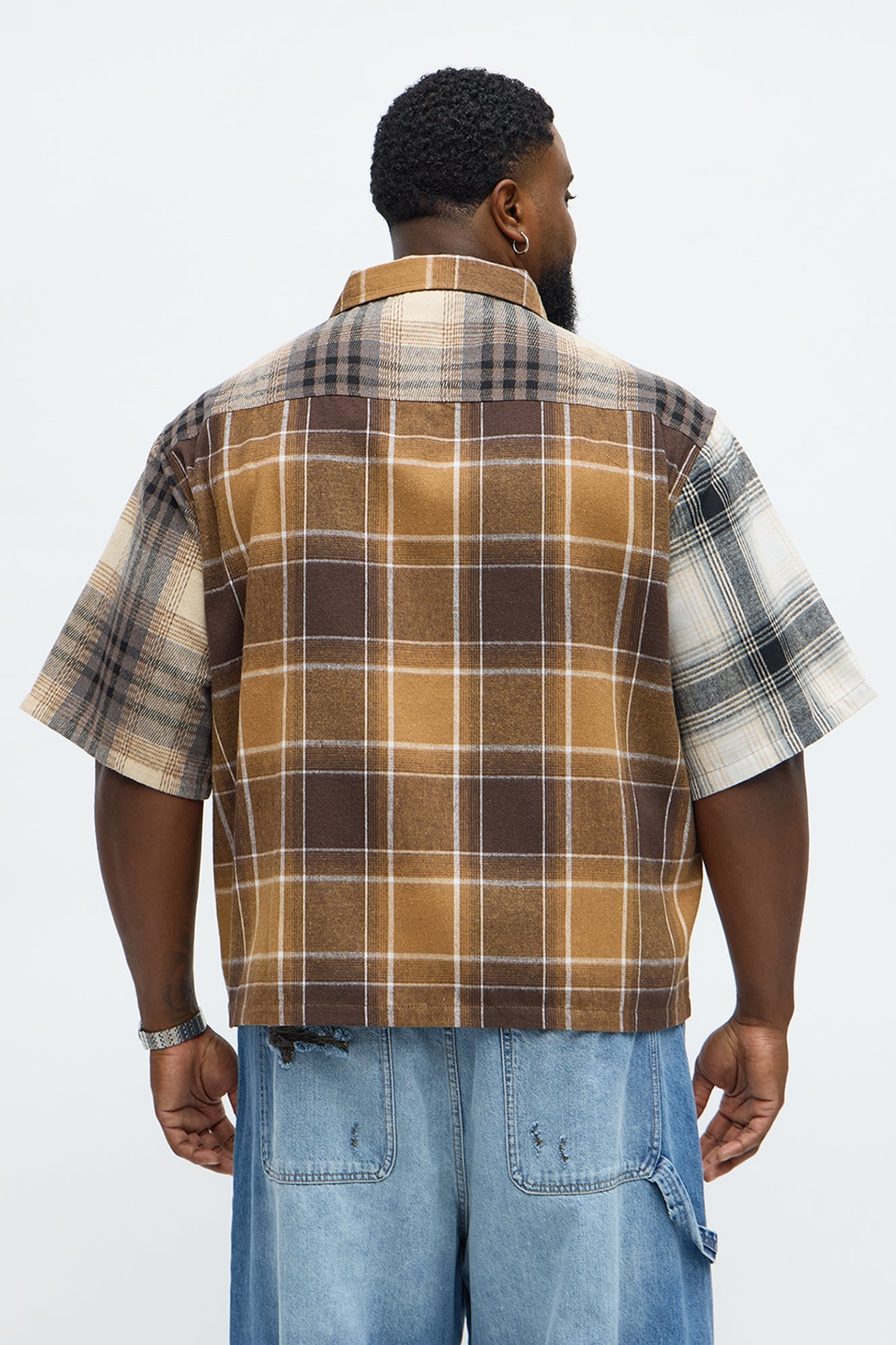 Cropped Patchwork Flannel Button Up - Brown Combo