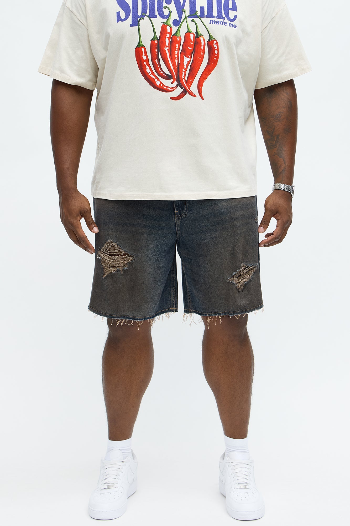 Relaxed To Put In The Works Ripped Denim Shorts - Dark Wash