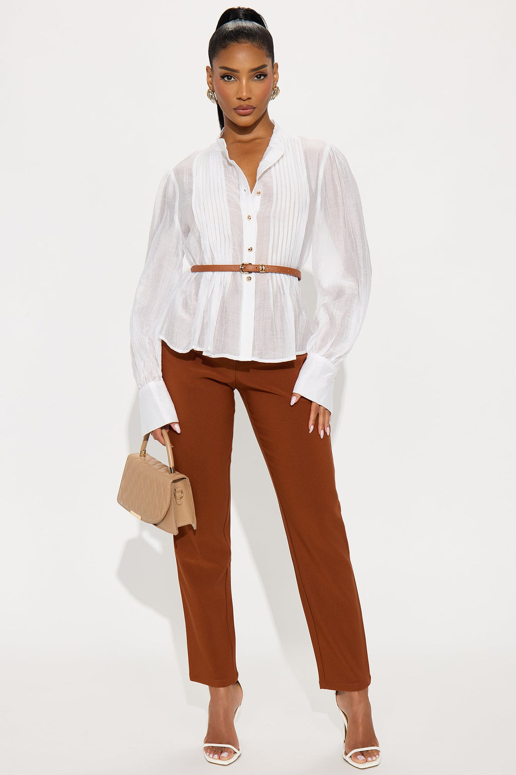 Helena Pleated Belted Shirt - White