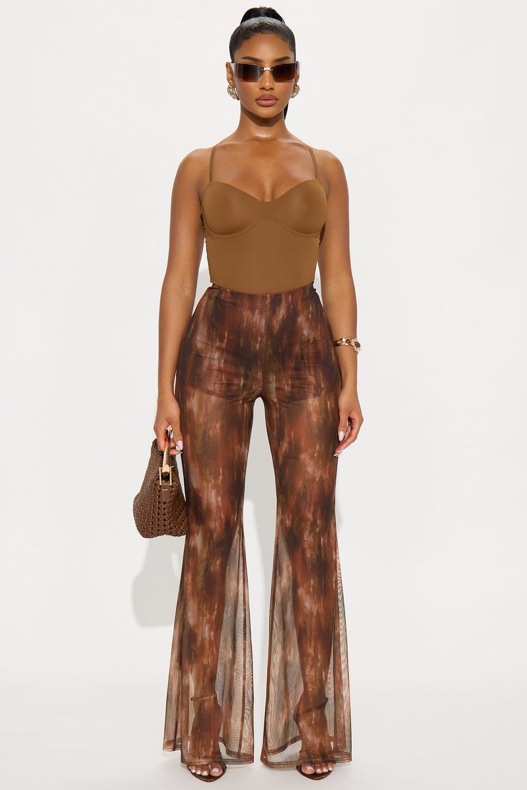 Janika Mesh High Rise Flare Pant 33 - Brown/combo