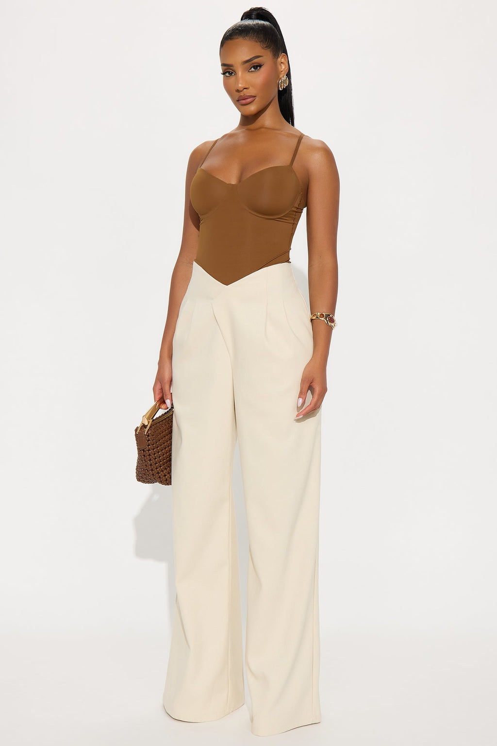 Hailey V Front Wide Leg Trouser 33″ - Cream