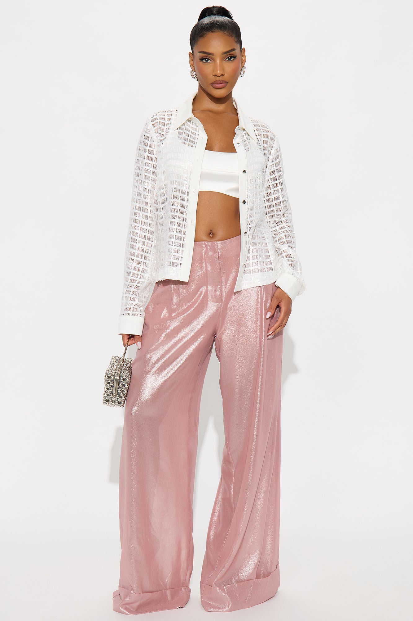 Romantically Spoiled Organza Metallic Wide Leg Pant 33 - Rose Gold