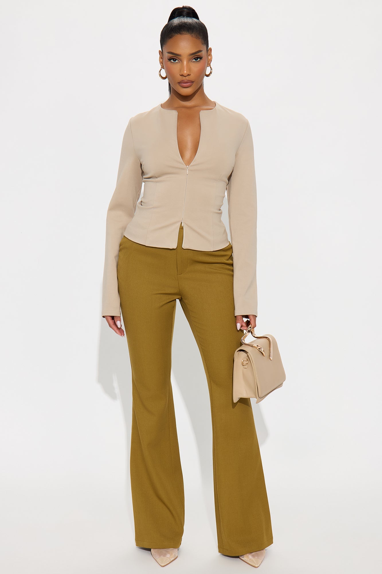 Magnolia Long Sleeve Zip Up Top - Taupe