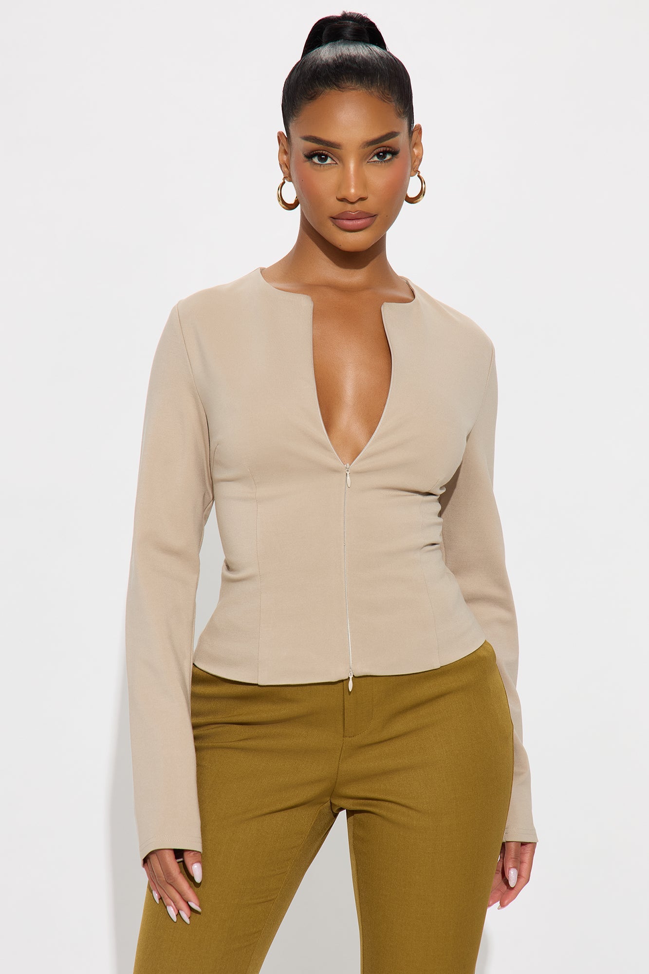 Magnolia Long Sleeve Zip Up Top - Taupe