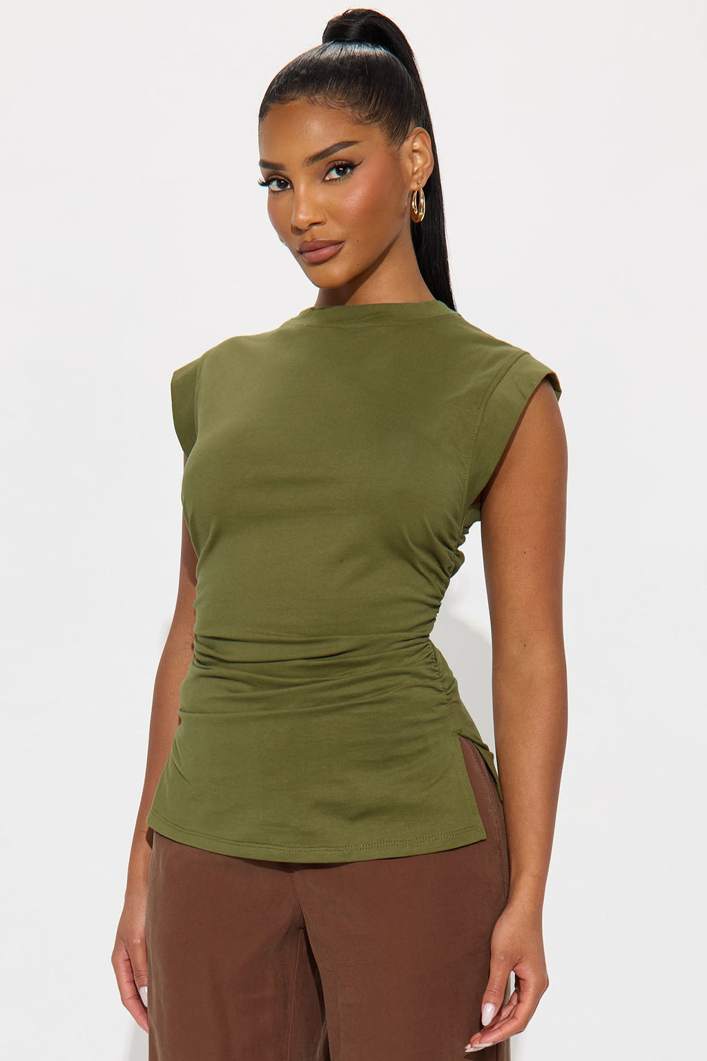 Della Ruched Short Sleeve Tshirt - Olive