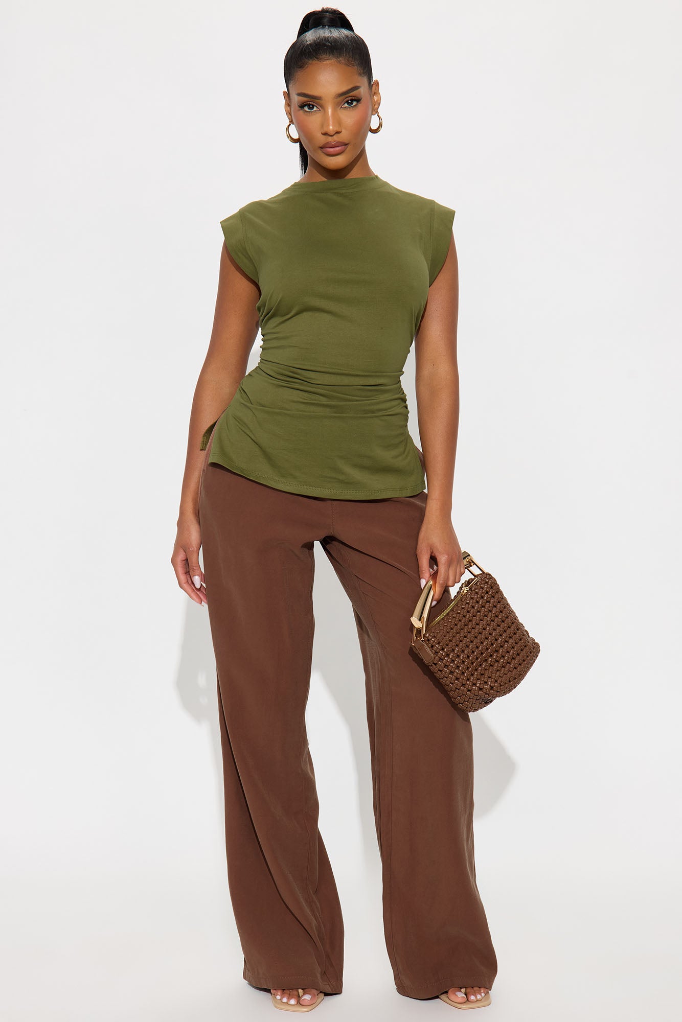Della Ruched Short Sleeve Tshirt - Olive