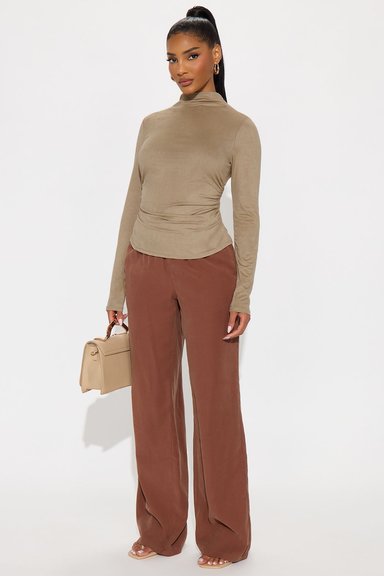 Magic Faux Suede Mock Neck Top - Taupe