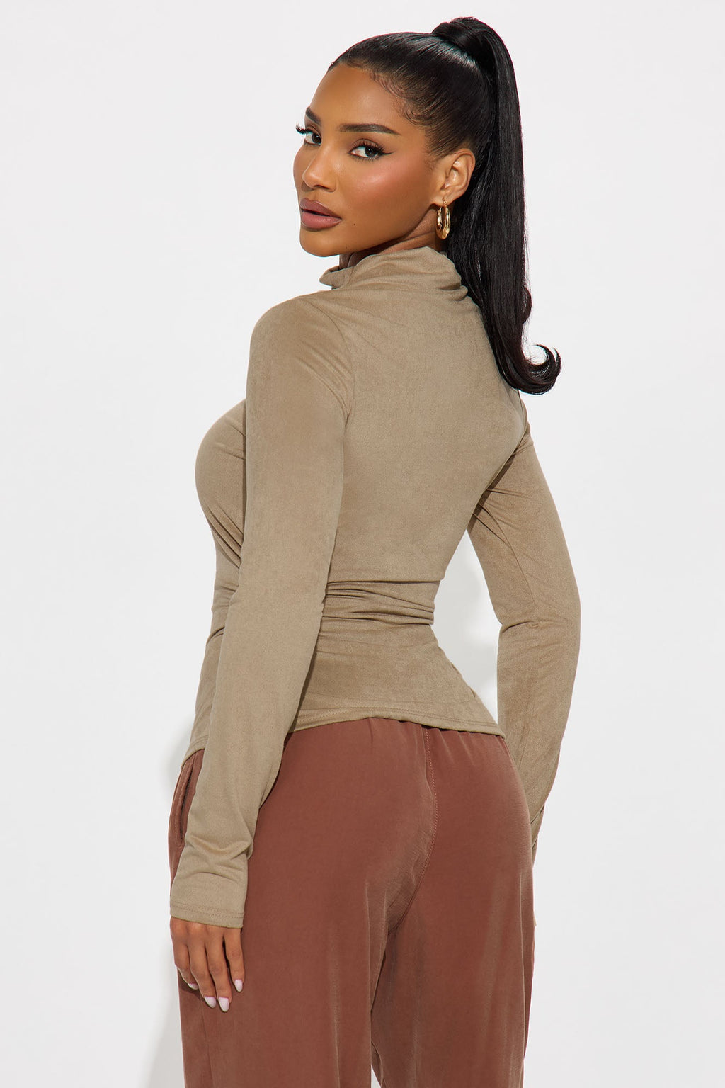 Magic Faux Suede Mock Neck Top - Taupe