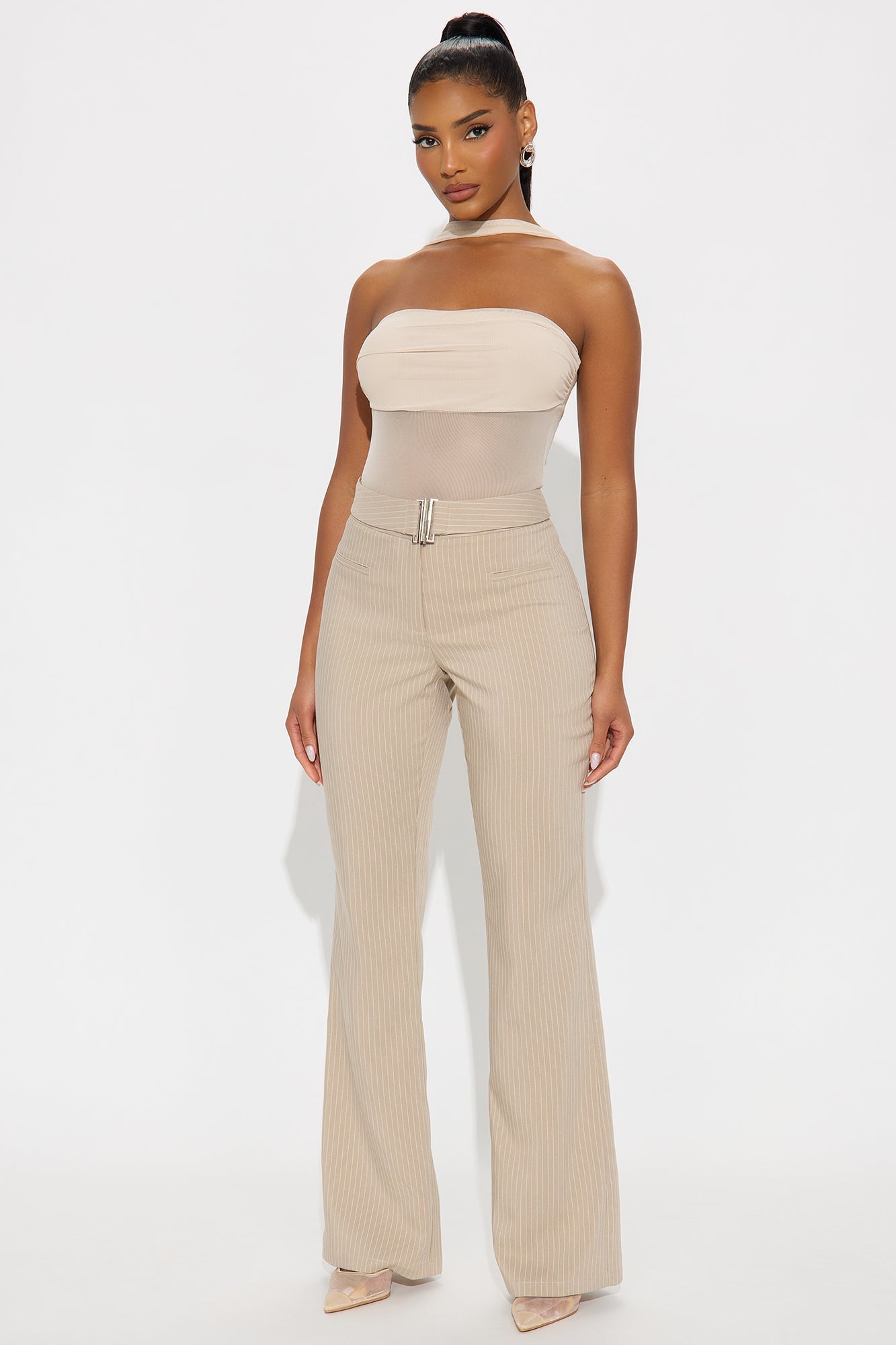 Giana Pinstripe Belted Trouser Pant 33″ - Stone/Combo