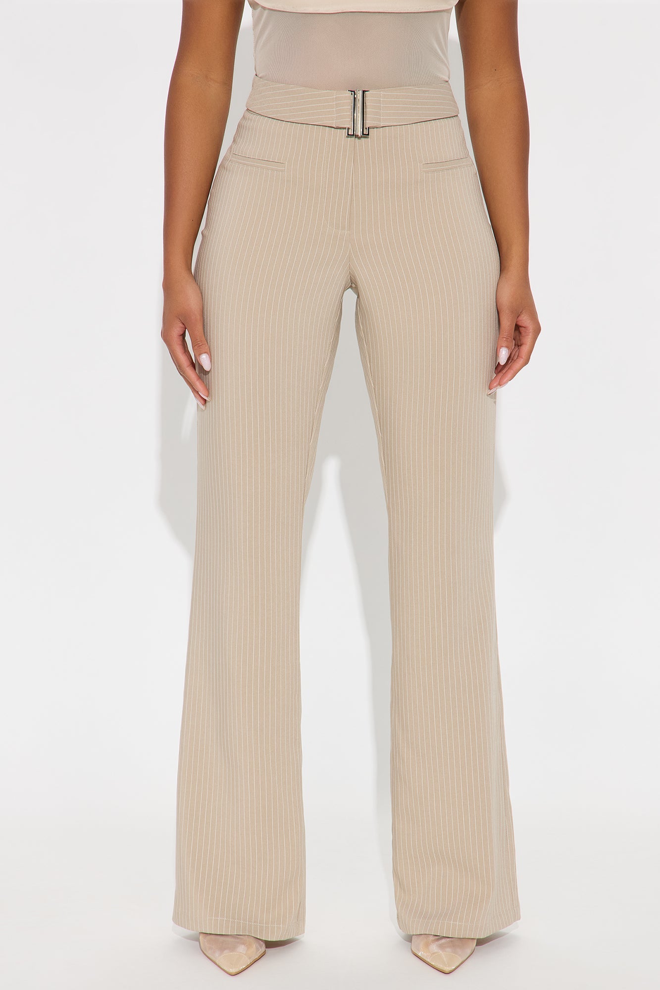 Giana Pinstripe Belted Trouser Pant 33″ - Stone/Combo