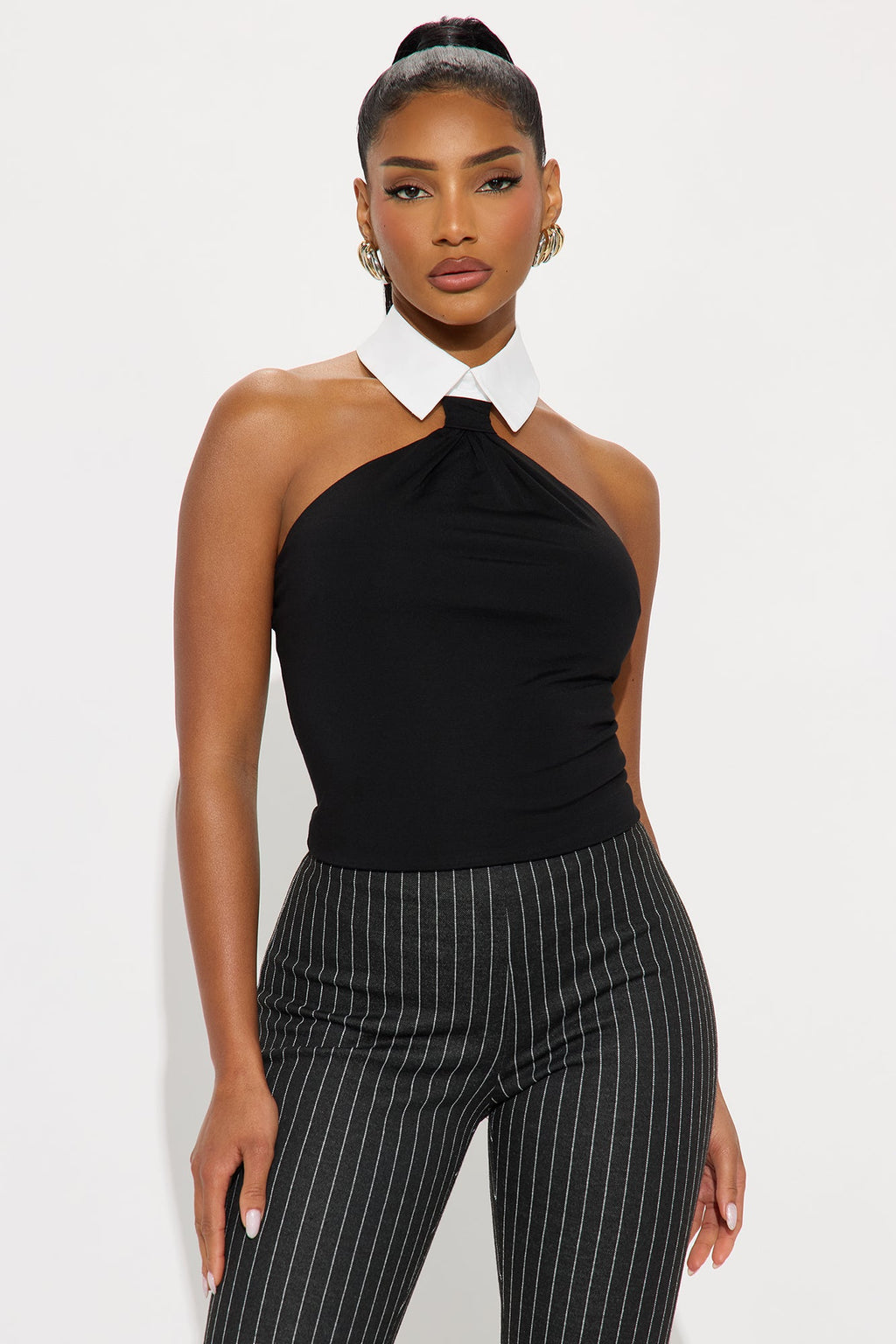 Double Agent Collared Halter Top - Black/combo
