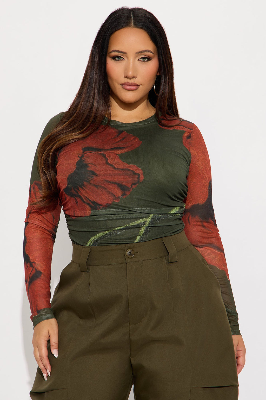 Doreen Floral Long Sleeve Mesh Bodysuit - Green/combo