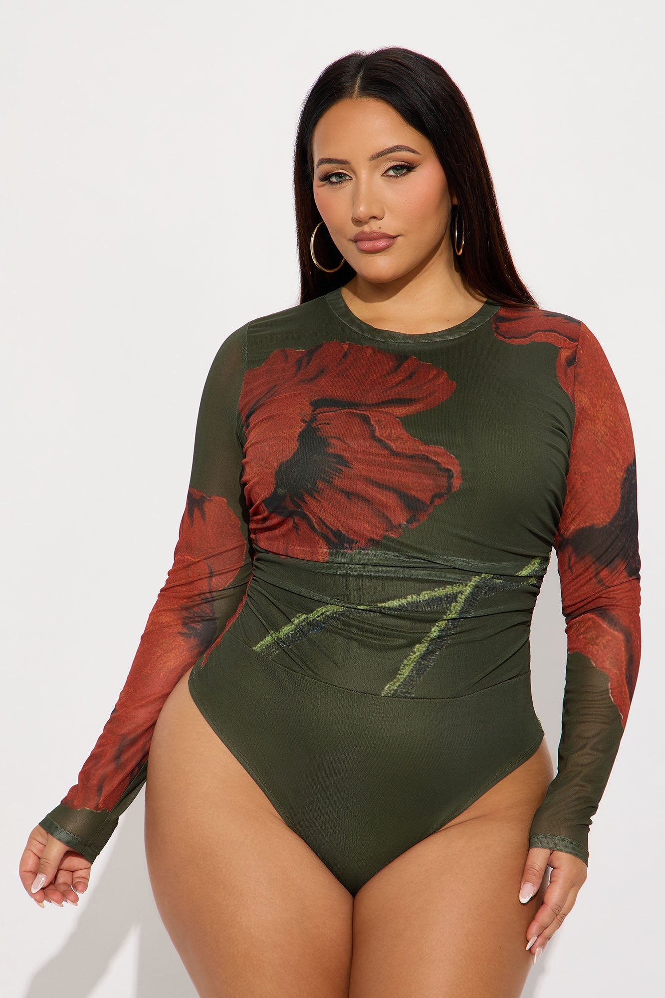 Doreen Floral Long Sleeve Mesh Bodysuit - Green/combo