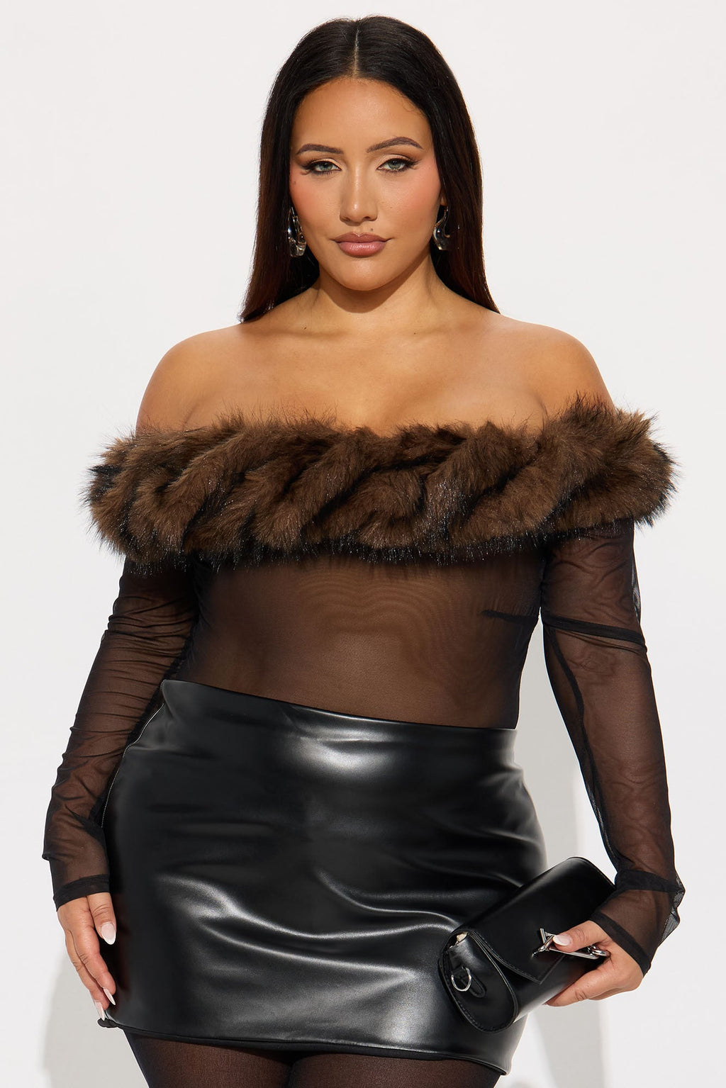 Milan Mesh Fur Trim Off Shoulder Bodysuit - Black/combo