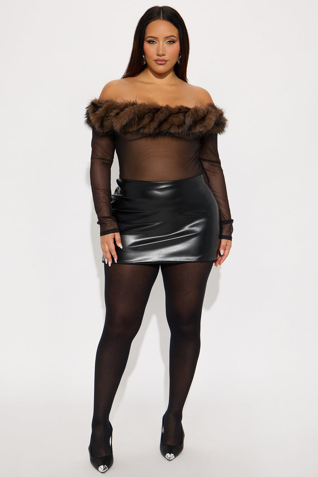 Milan Mesh Fur Trim Off Shoulder Bodysuit - Black/combo
