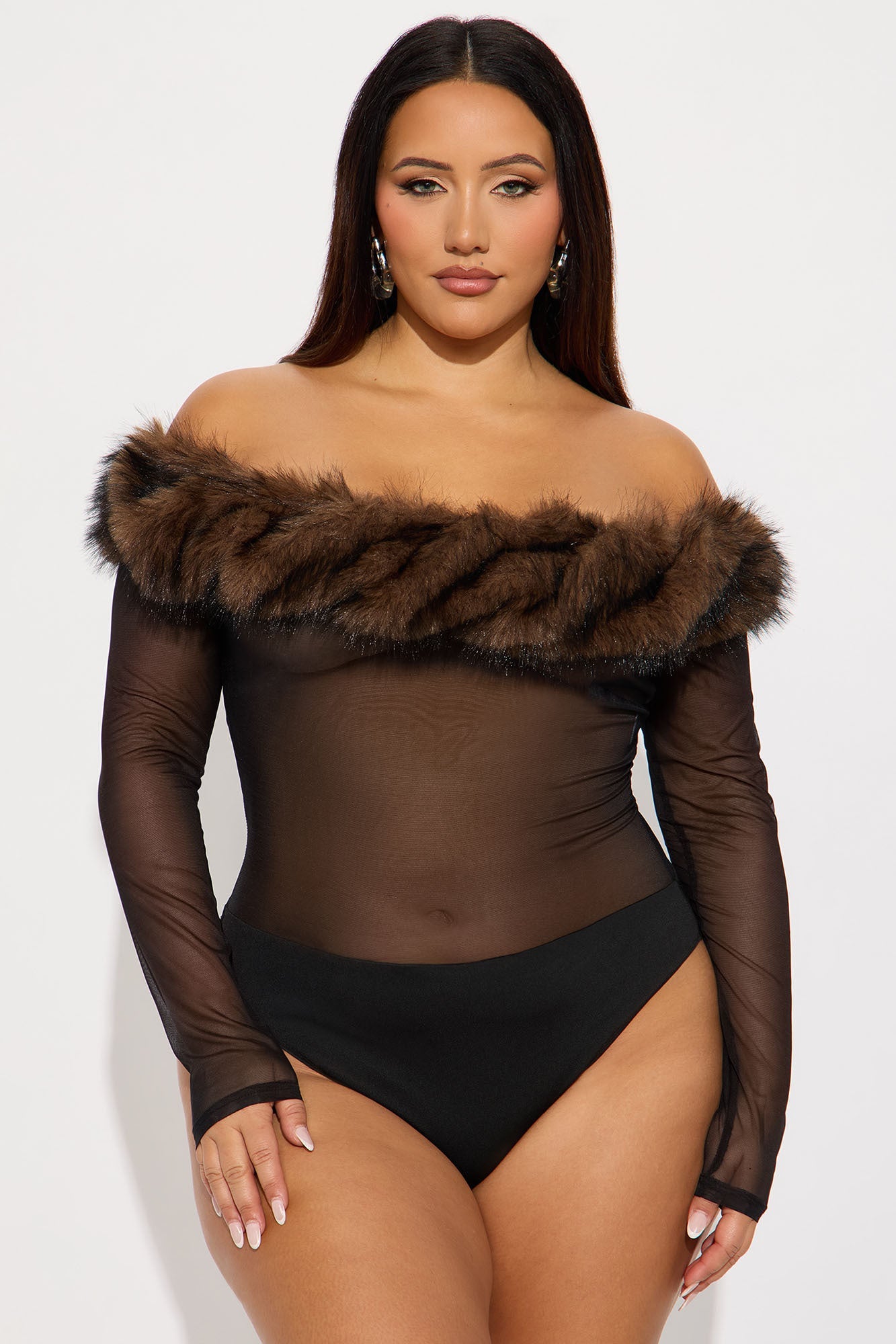 Milan Mesh Fur Trim Off Shoulder Bodysuit - Black/combo