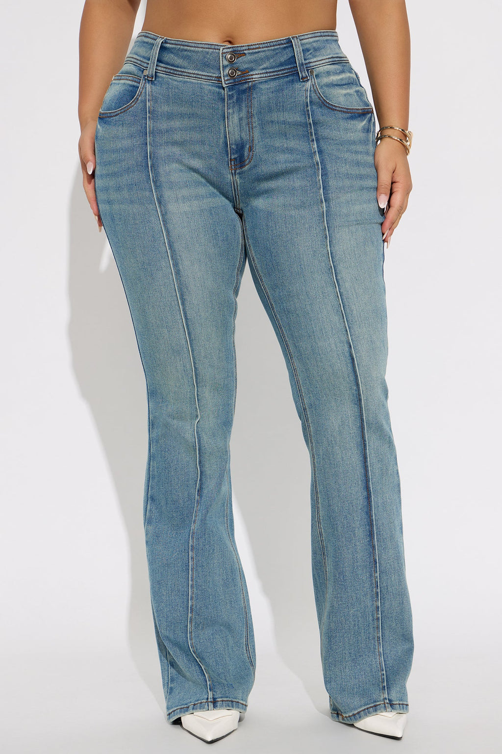 Lisbon Low Rise Pintuck Flare Jeans - Medium Wash