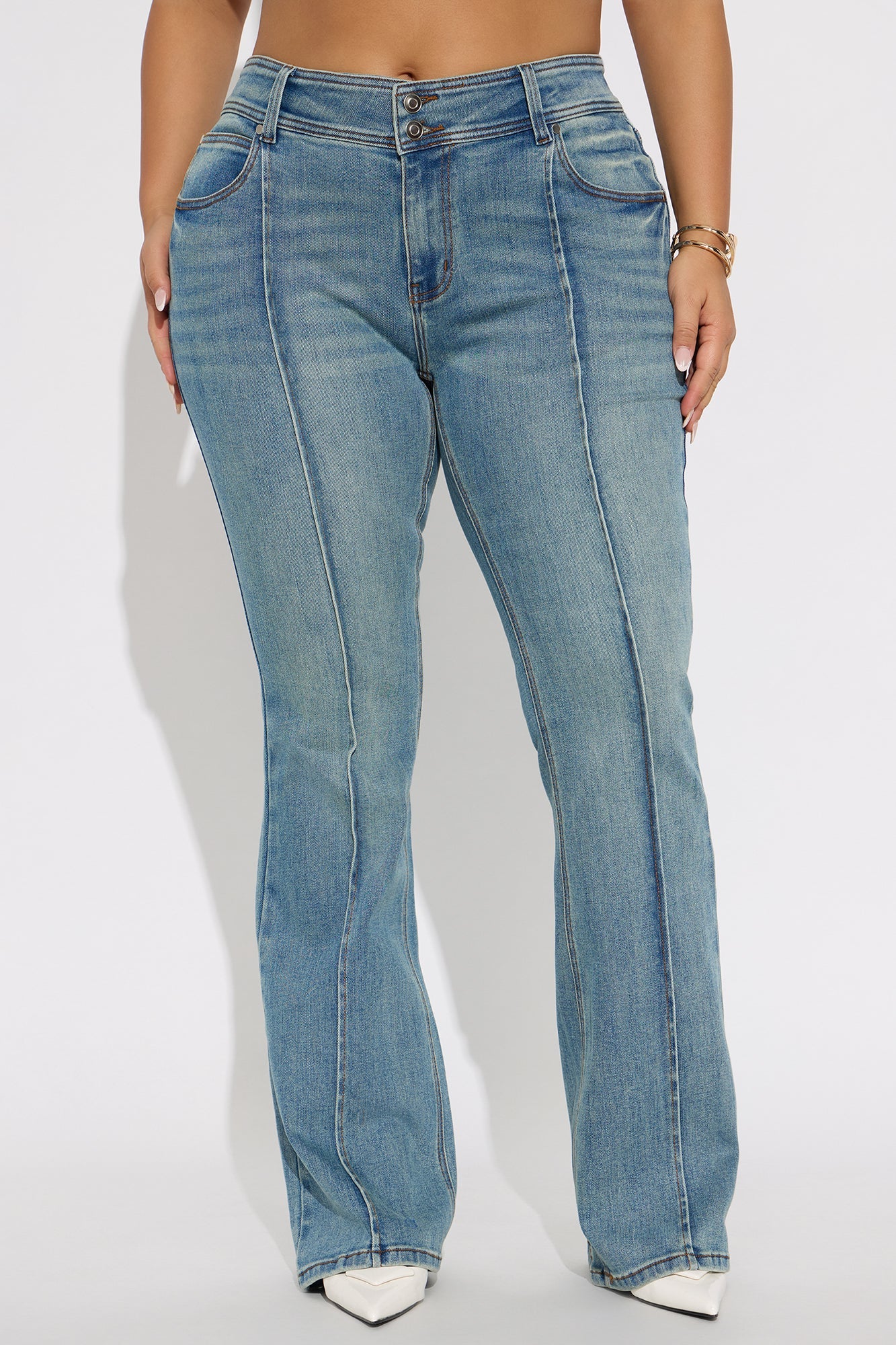 Lisbon Low Rise Pintuck Flare Jeans - Medium Wash