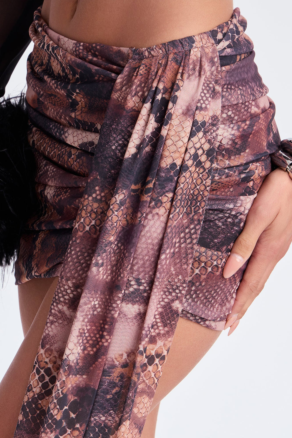 Valentina Snakeskin Ruched Mesh Micro Mini Skirt - Brown/combo