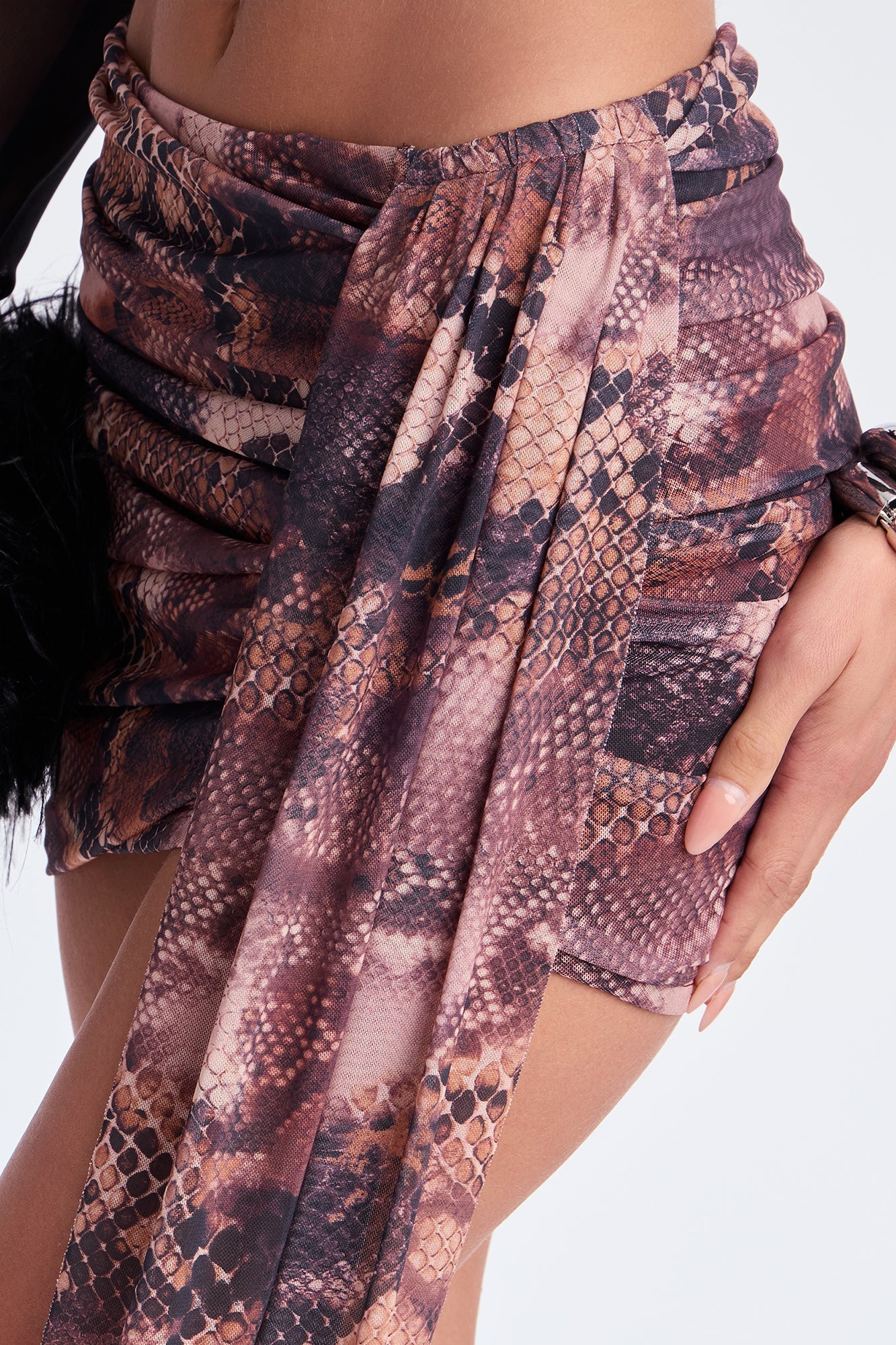 Valentina Snakeskin Ruched Mesh Micro Mini Skirt - Brown/combo