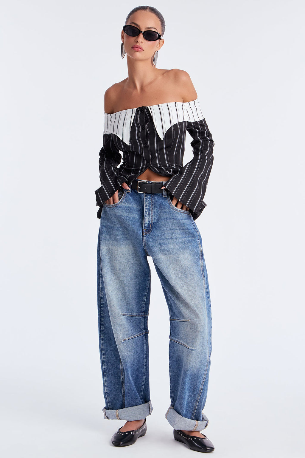 Spilling Secrets Off Shoulder Pinstripe Shirt - Black/combo