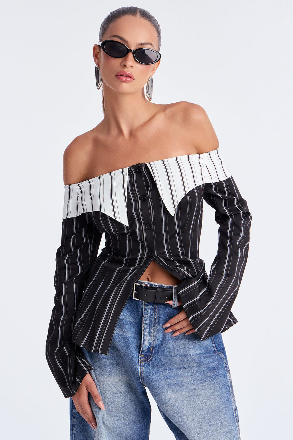 Spilling Secrets Off Shoulder Pinstripe Shirt - Black/combo