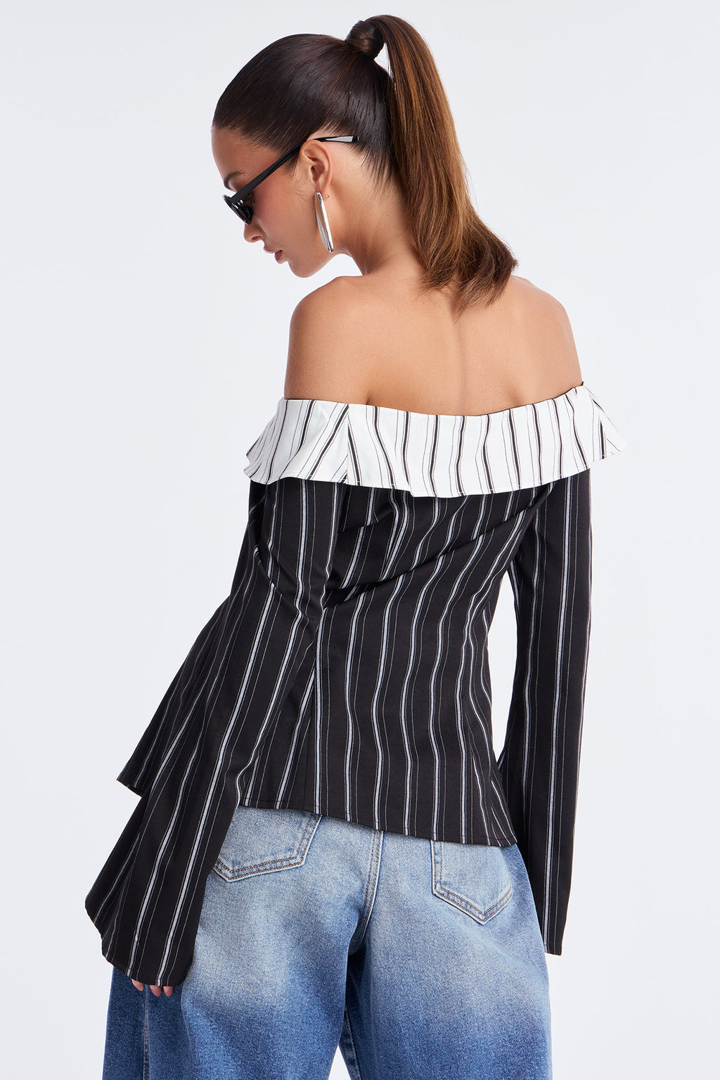 Spilling Secrets Off Shoulder Pinstripe Shirt - Black/combo