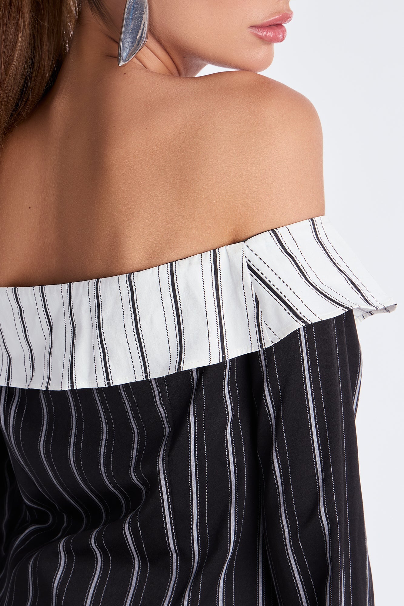 Spilling Secrets Off Shoulder Pinstripe Shirt - Black/combo