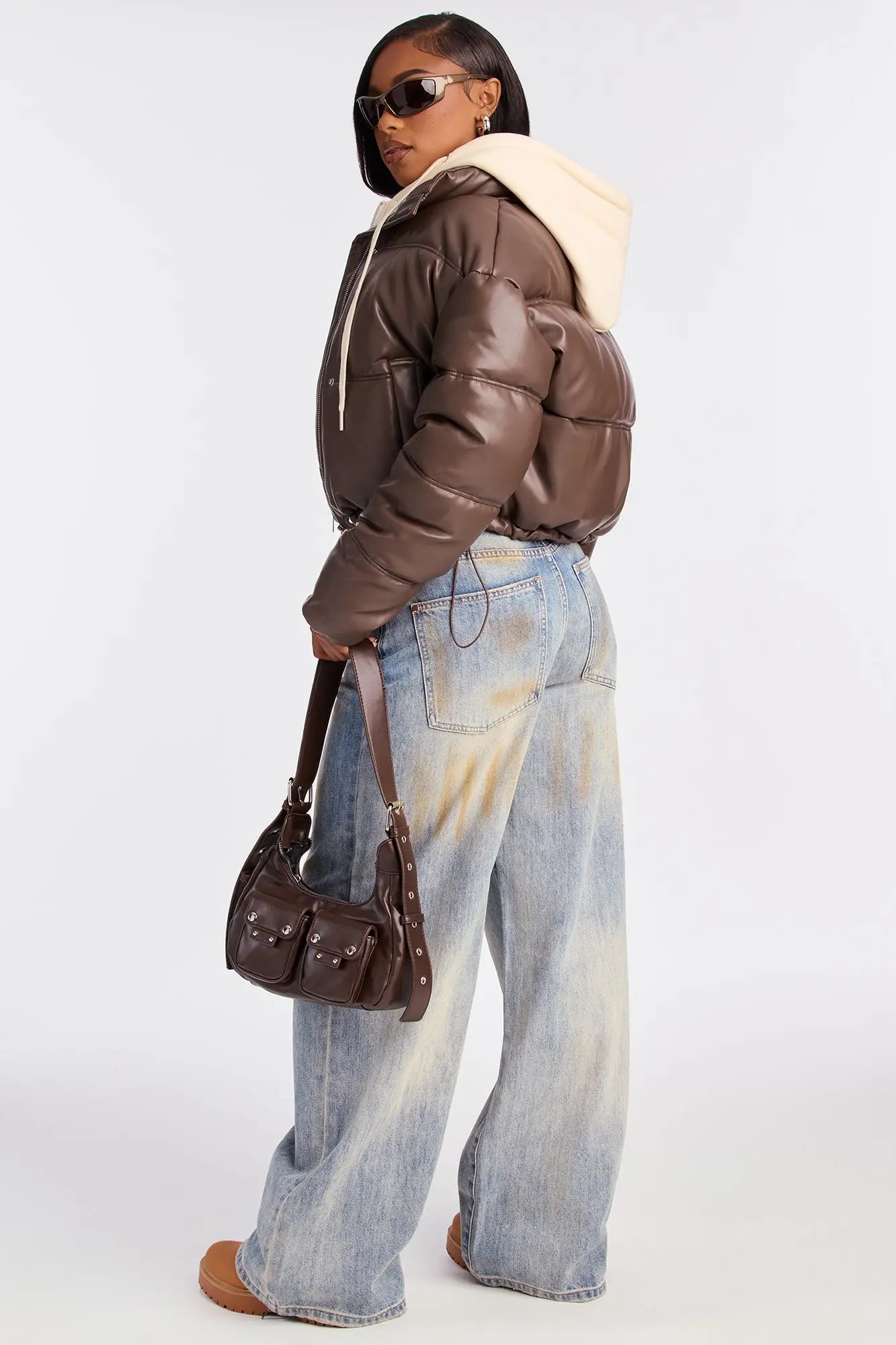 Blake Layered Faux Leather Puffer Jacket - Chocolate/Combo 