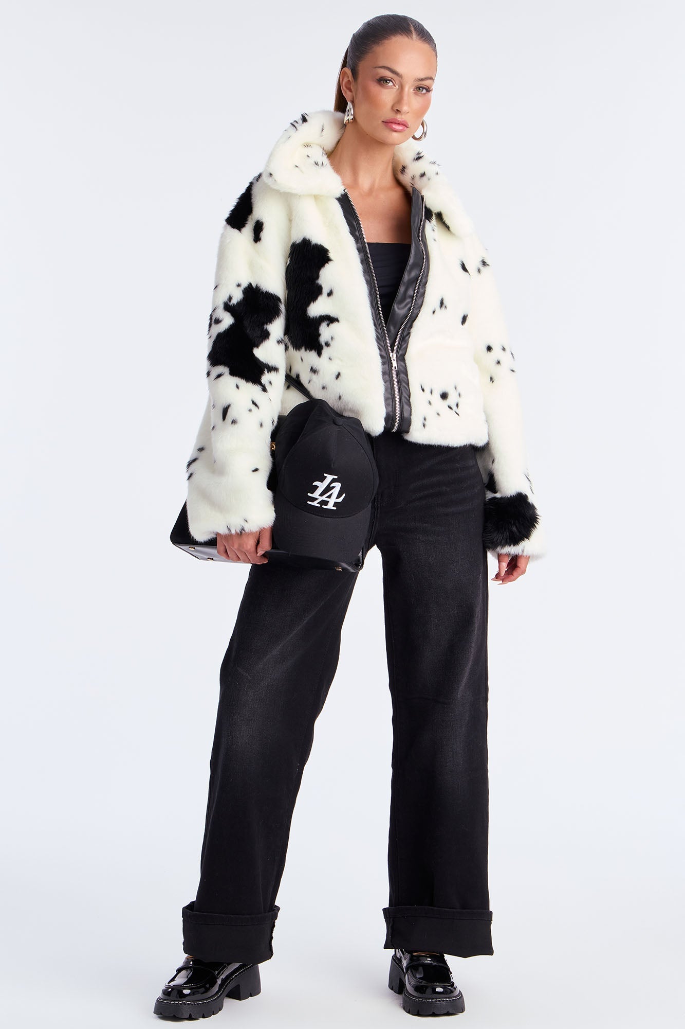 Cause A Frenzy Cow Print Faux Fur Coat - Cream/combo