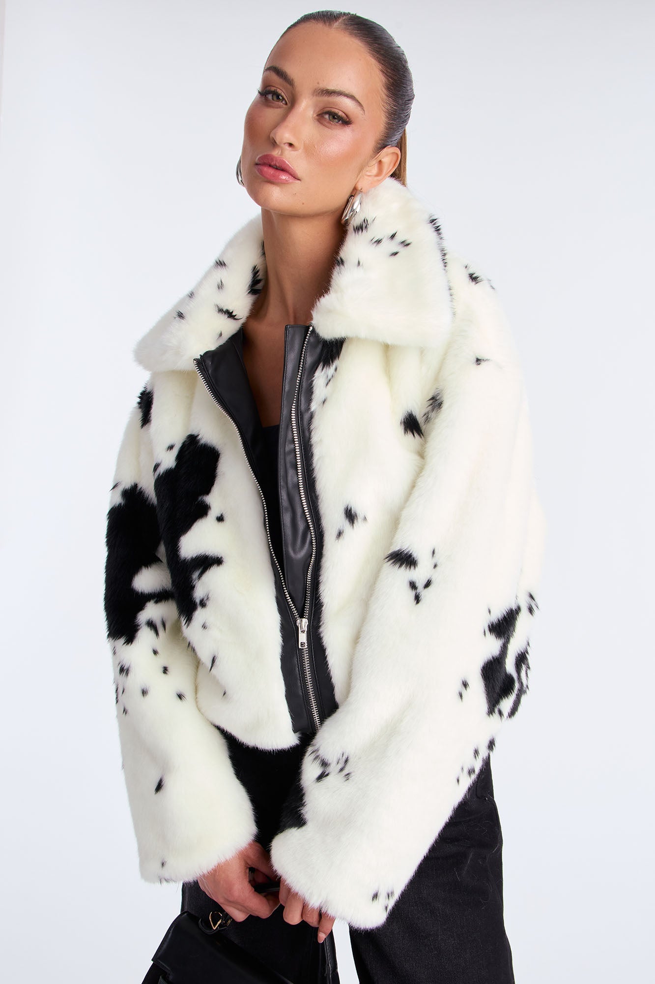 Cause A Frenzy Cow Print Faux Fur Coat - Cream/combo