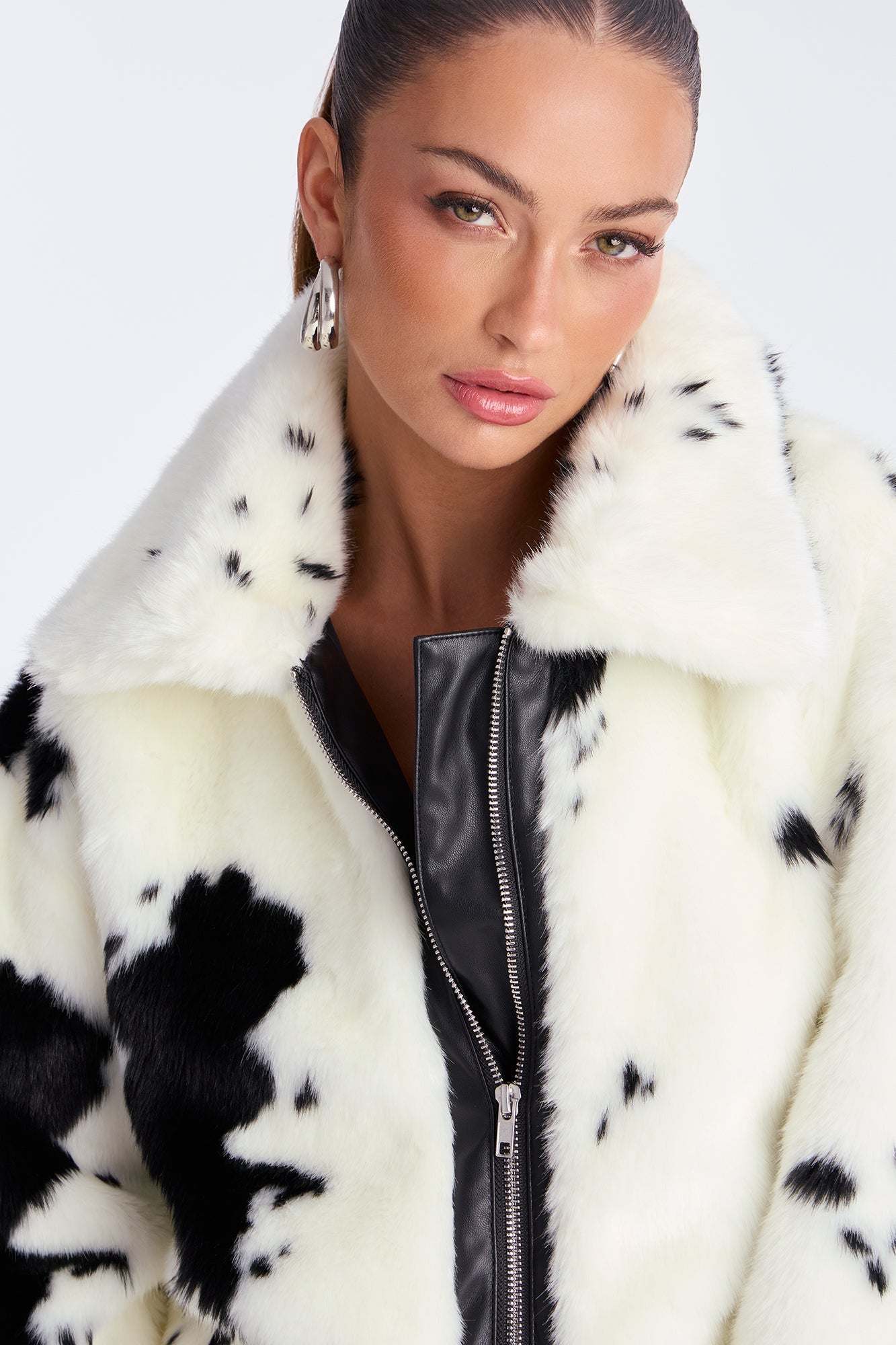 Cause A Frenzy Cow Print Faux Fur Coat - Cream/combo