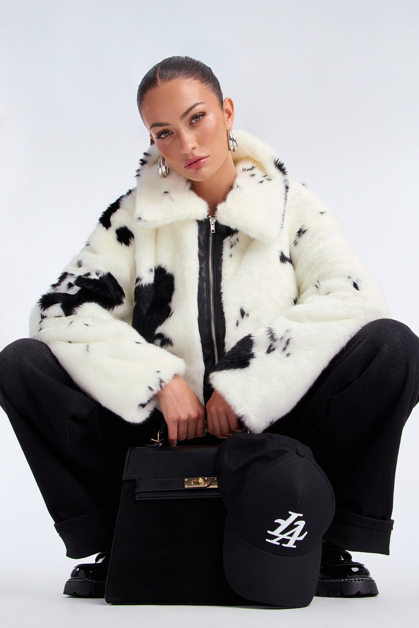 Cause A Frenzy Cow Print Faux Fur Coat - Cream/combo