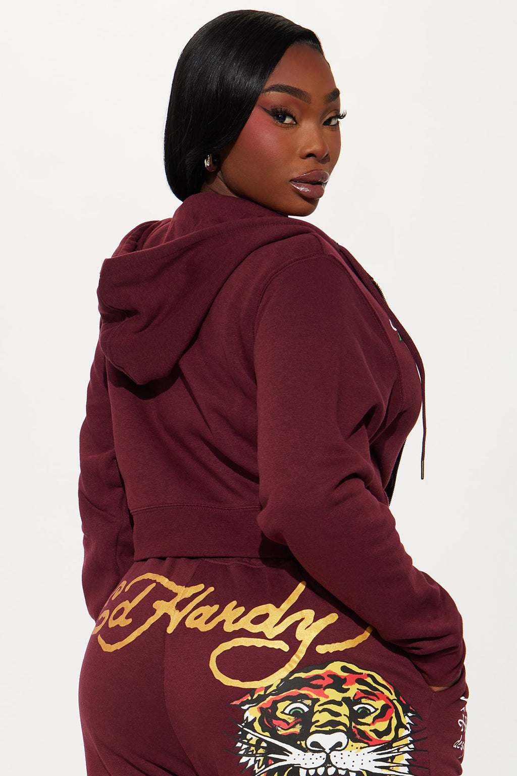 Retro Tiger Ed Hardy Zip Front Hoodie - Burgundy