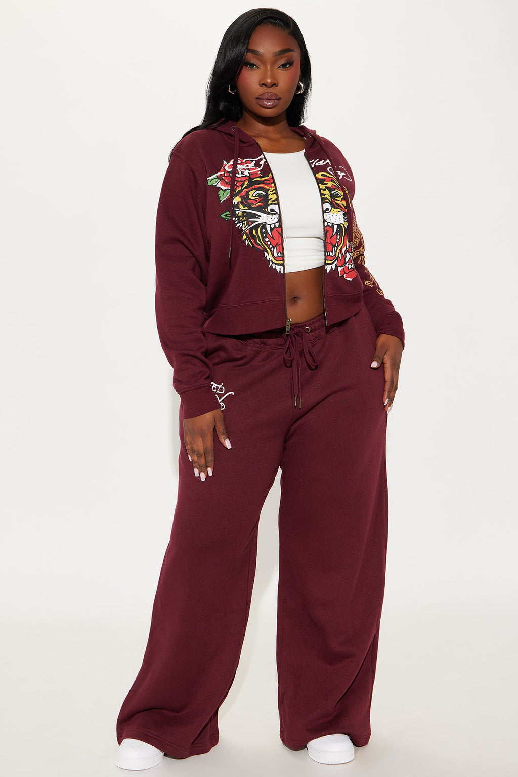 Retro Tiger Ed Hardy Zip Front Hoodie - Burgundy