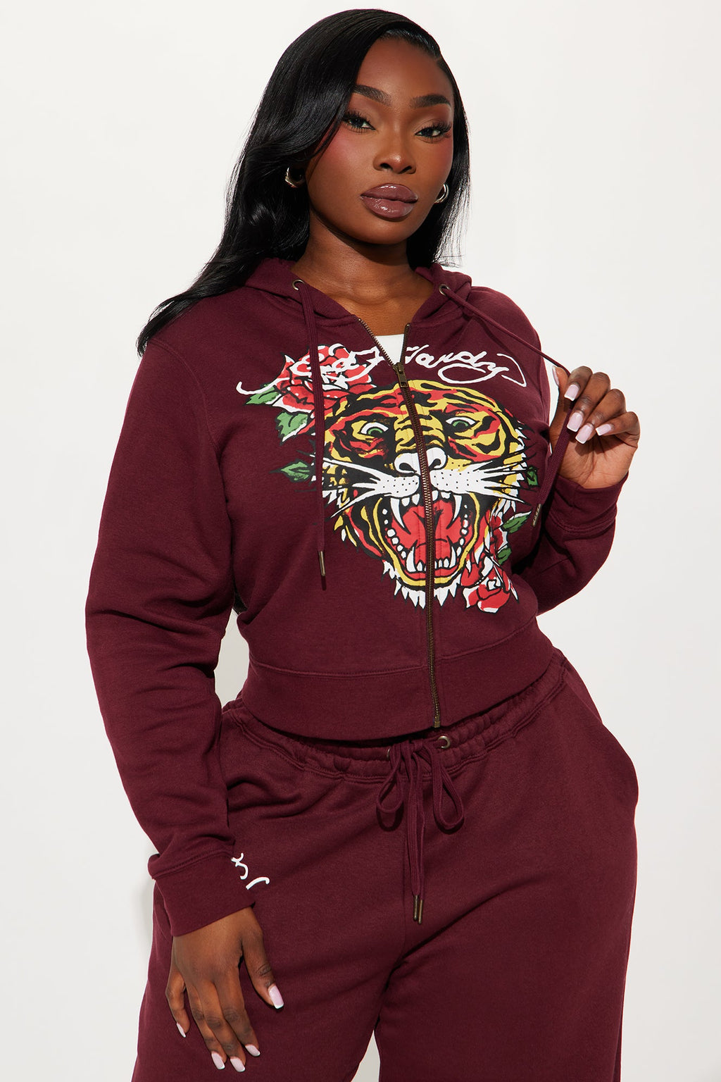 Retro Tiger Ed Hardy Zip Front Hoodie - Burgundy
