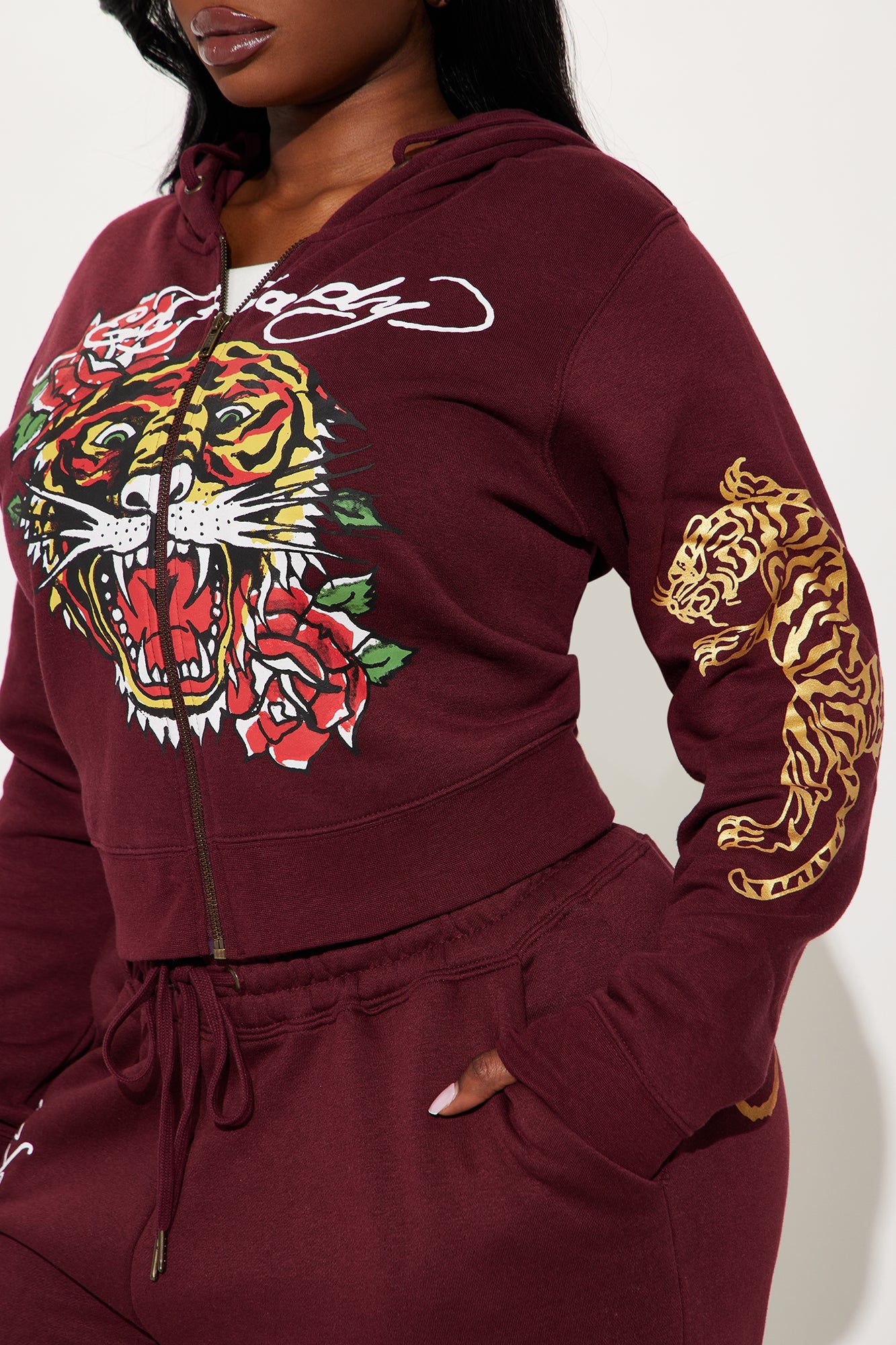 Retro Tiger Ed Hardy Zip Front Hoodie - Burgundy