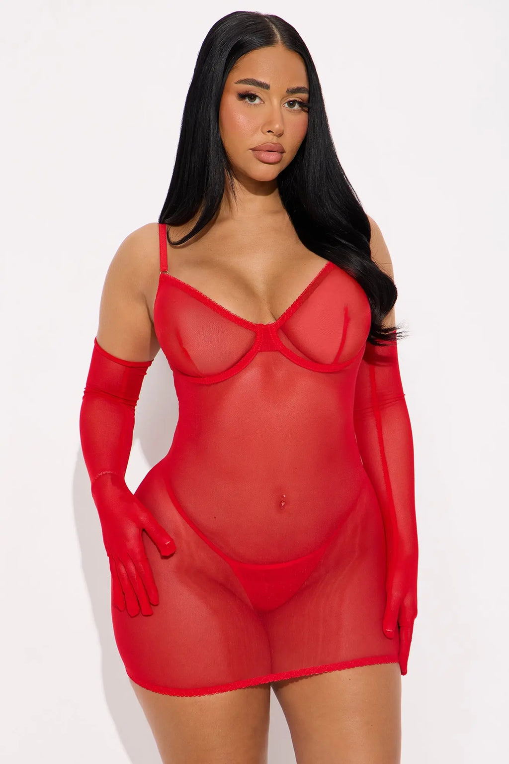 Harley Mesh Chemise Dress With Gloves - Red 