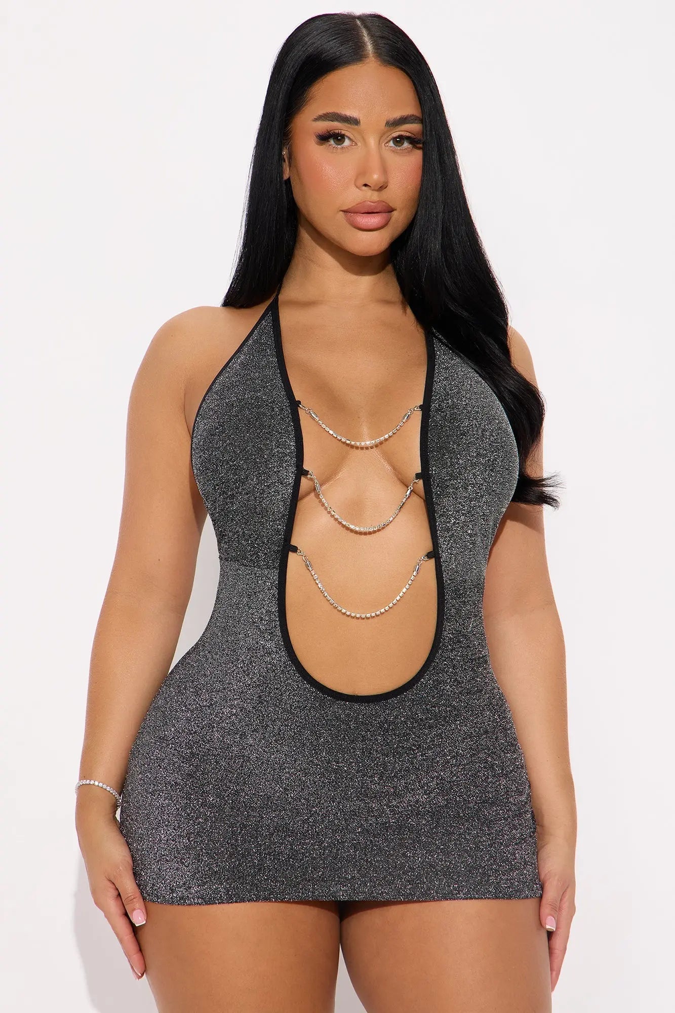 Nerina Metallic Plunge Chemise With Chains - Gunmetal 