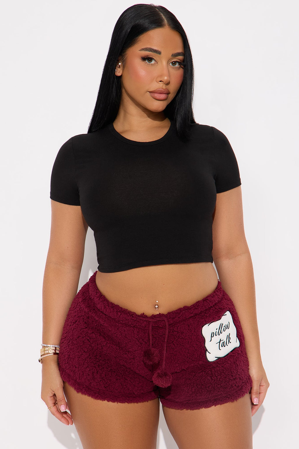 Pillow Talk Embroidered Sherpa PJ Shorts - Burgundy