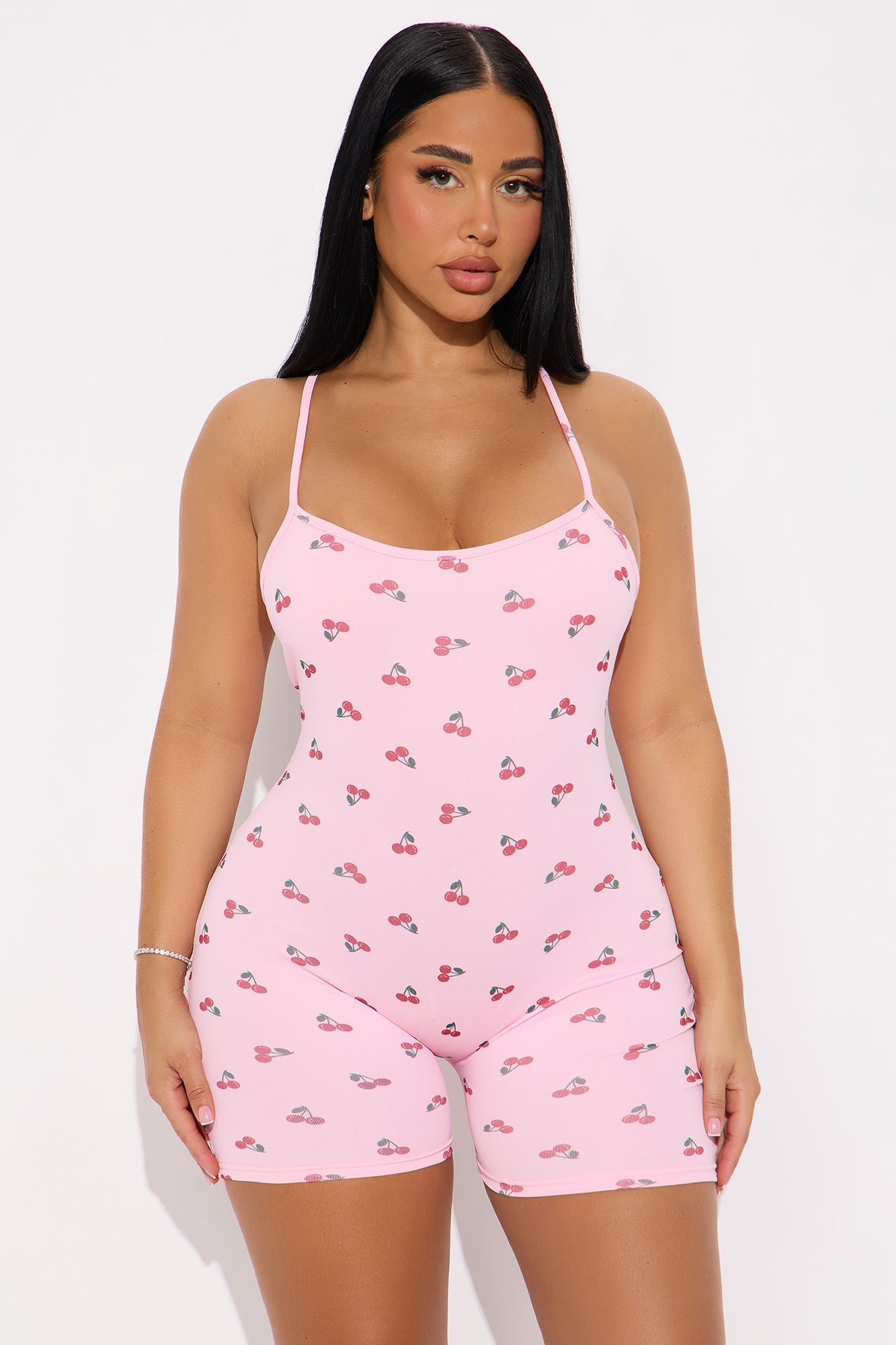 Cutie Cherry Print Wireless Romper - Pink/combo