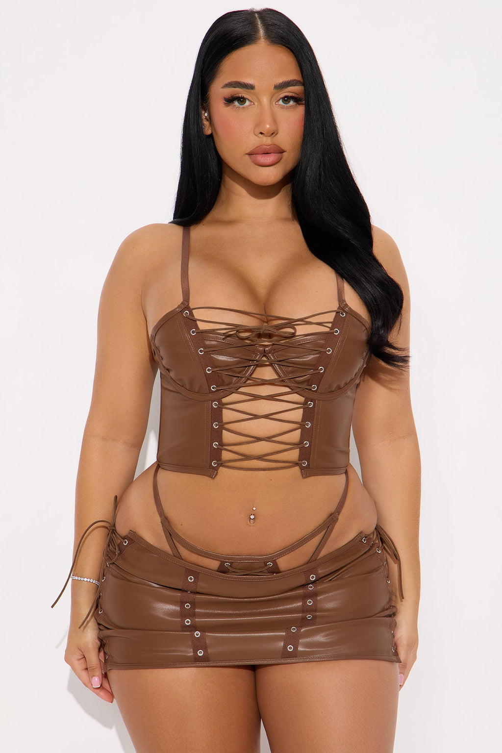 Just a Flirt Lace Up Corset And Skirt 3 Piece - Brown