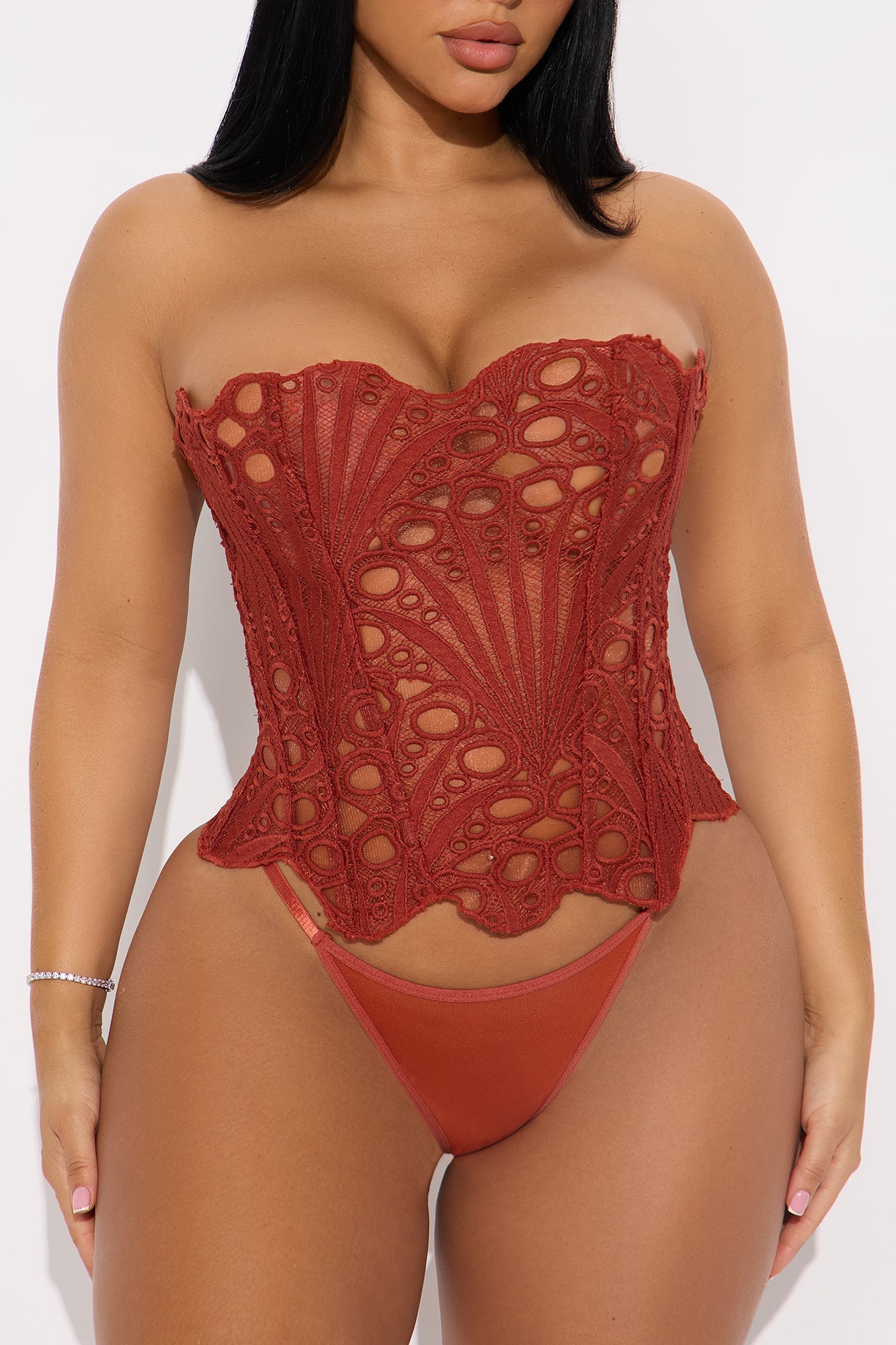 Rebecca Embroidered Mesh 2 Piece Corset Set - Wine