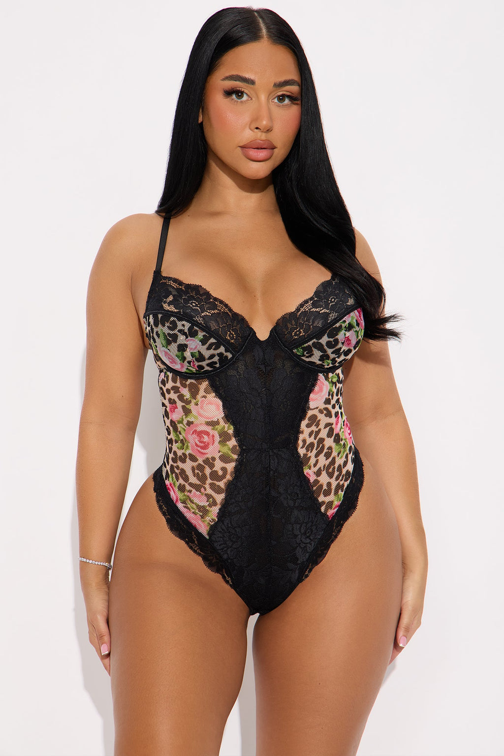 Wild Night Floral Leopard Lace Trim Teddy - Brown/combo