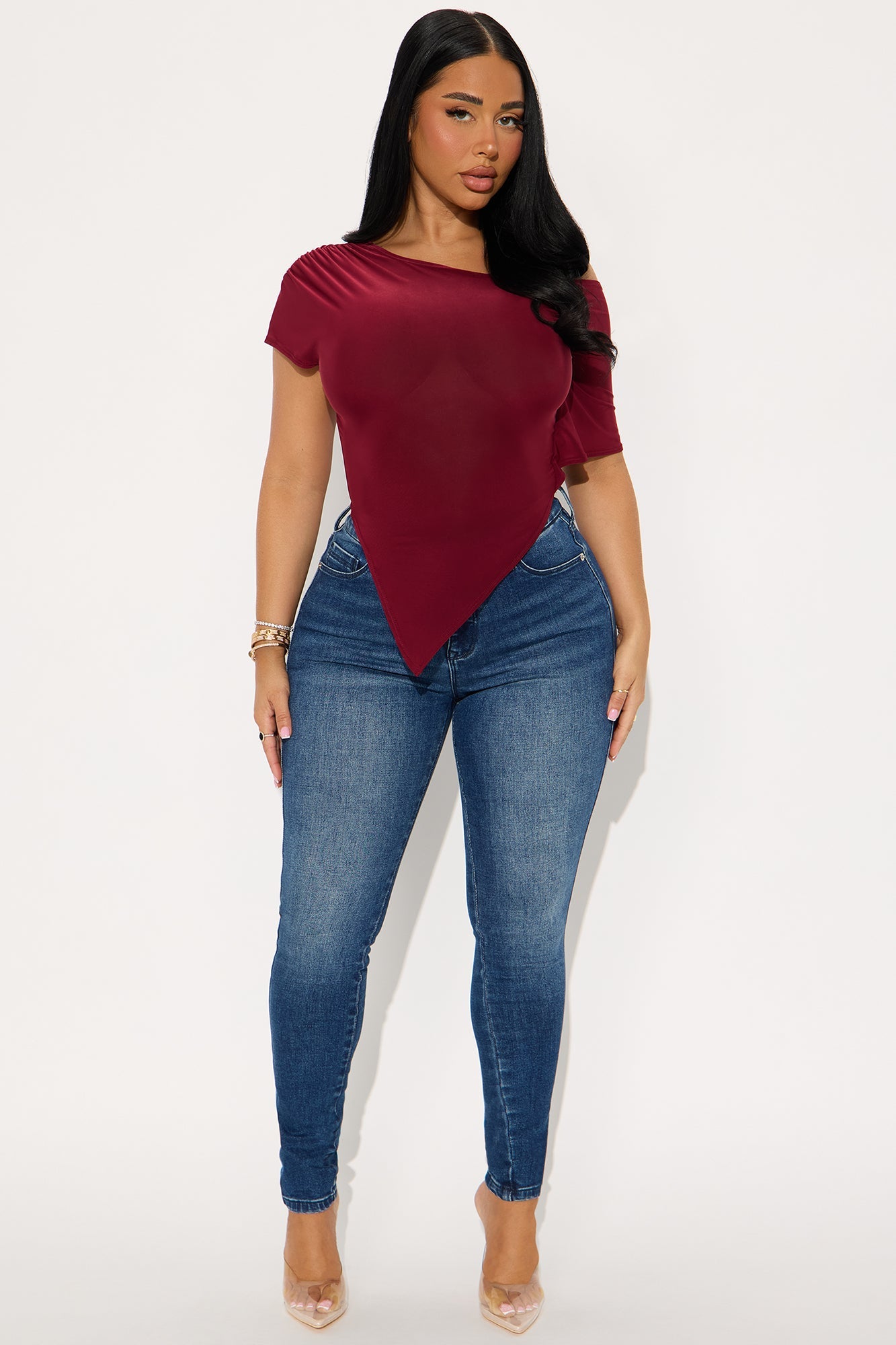 Jade Asymmetrical Off Shoulder Top - Burgundy