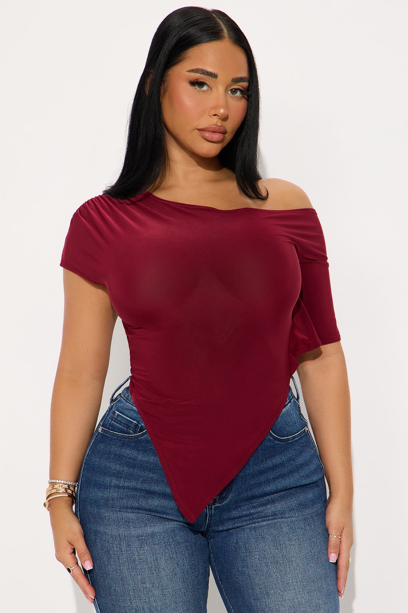 Jade Asymmetrical Off Shoulder Top - Burgundy